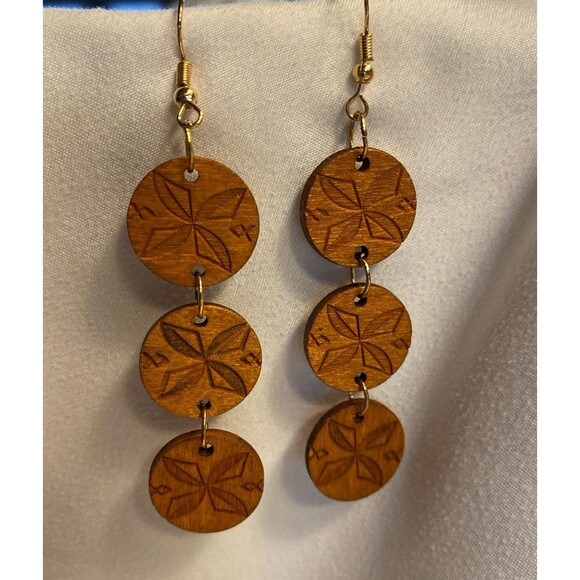 Earrings Dangle Boho Wooden Circle Lightweight Tiered Versatile Casual - Picture 1 of 5
